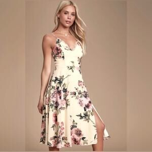 Lulus Emilee Cream Floral Print Spaghetti Strap Midi Dress Size XS